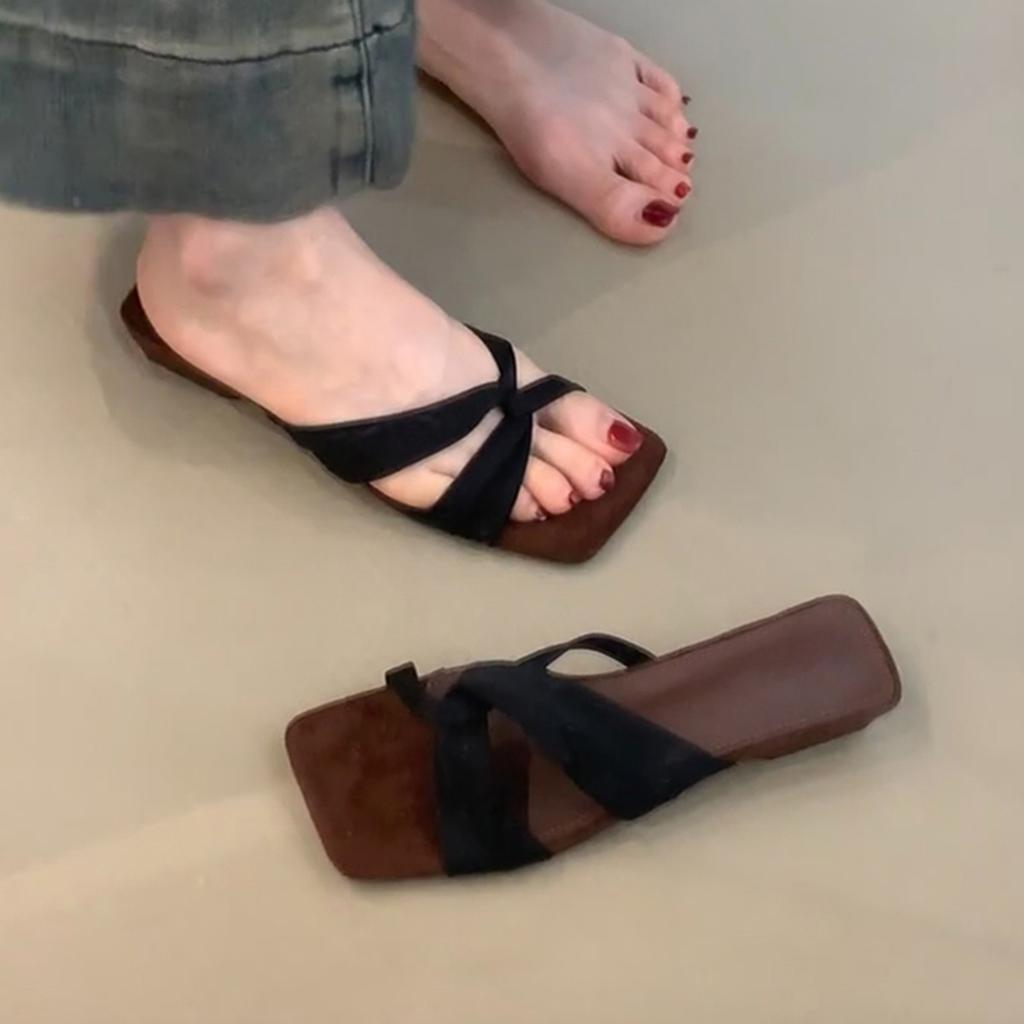 Винтажный крест с простыми сандалиями с открытым носком женские на низком каблуке квадратный носок верхняя одежда удобные тапочки