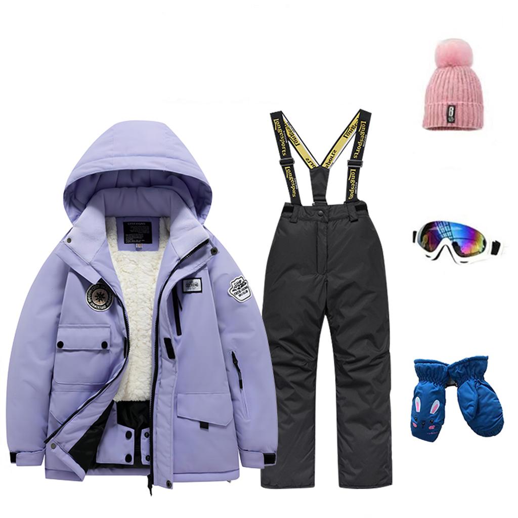 Детский модный лыжный комплект для мальчиков и девочек, утепленный, водонепроницаемый, термобелье, костюм из пяти предметов с курткой и брюками
