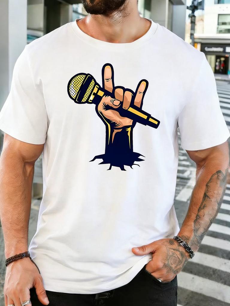 Rock Music Hand Microphone Graphic Unisexs Cotton Crew Neck Short Sleeve Tee Loose Casual Concert Daily Urban Street Wear Male Top