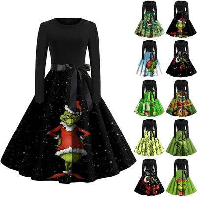 Женское модное повседневное платье с круглым вырезом и рождественским принтом и длинными рукавами
