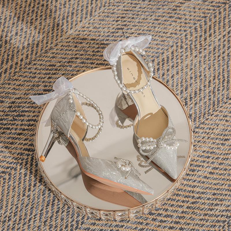 Luxury Pearl Crystal Bowtie Silver Wedding Shoes Women 2024 Spring Brand Designer High Heels Pumps Woman Thin Heeled Party Shoes