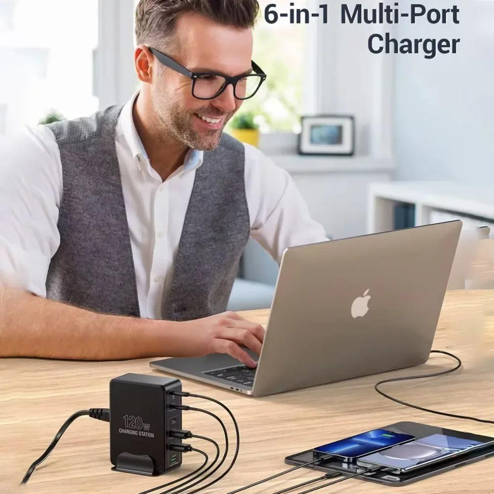 QC3.0 PPS PD 65W 6-портовая зарядка Gan 120W Зарядная станция 3C+3A для iPhone Samsung Xiaomi Смартфон Ноутбук Настольный ПК Быстрая зарядка