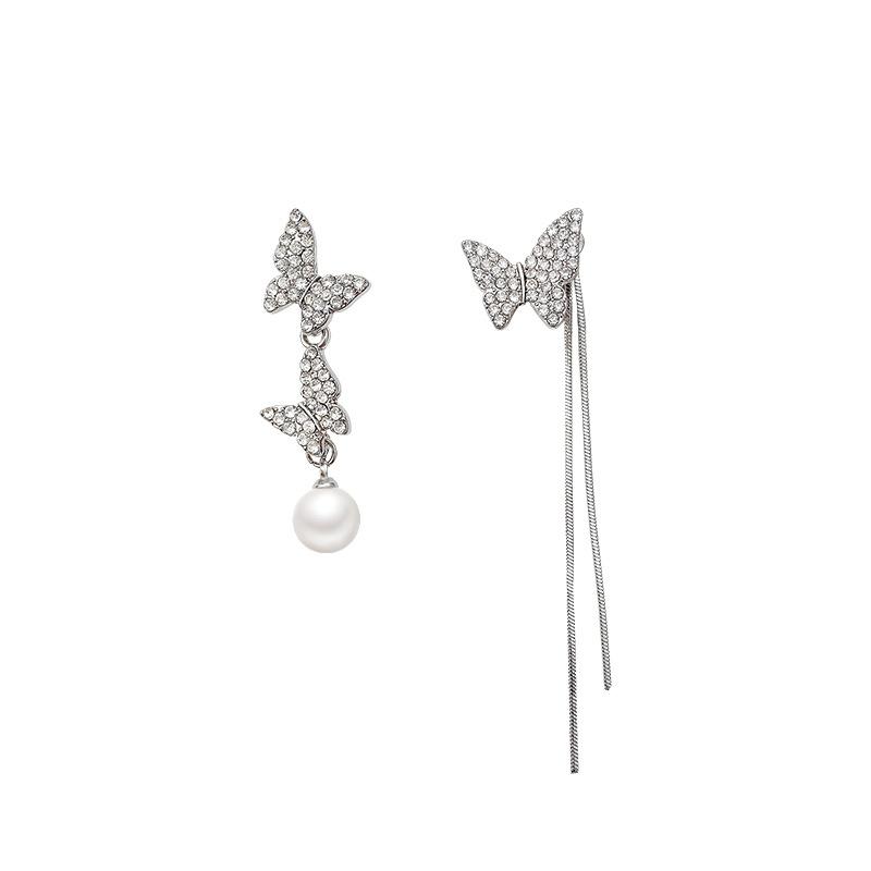 Silver needle asymmetrical butterfly pearl fringed earrings women's high sense long super fairy Internet celebrity stud earrings ear jewelry