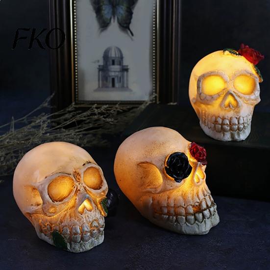 Halloween Ambient Light Gothic Up Skull Rose Flower Figurine, Day of Dead Resin Party Decorations Statue, Spooky Skeleton Head Lamp for Desk