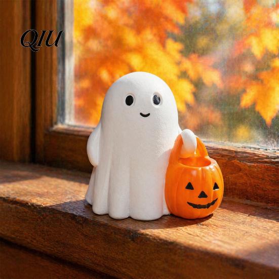 Ghost Figurine with Night Light Halloween Holding Pumpkin Figurine, Spooky Statue Light, Resin Ornament for Desk Tabletop Centerpiece LED Lamp