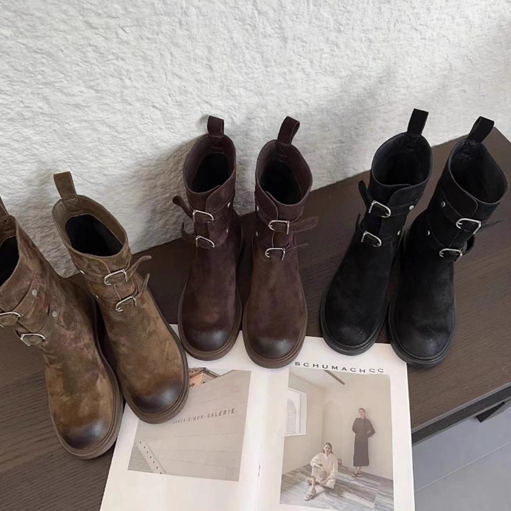 Версия из овчины~ ретро пряжка ремня пустошь вестерн ковбойские сапоги круглый носок полированные короткие сапоги женские на толстой подошве сапоги-рыцари