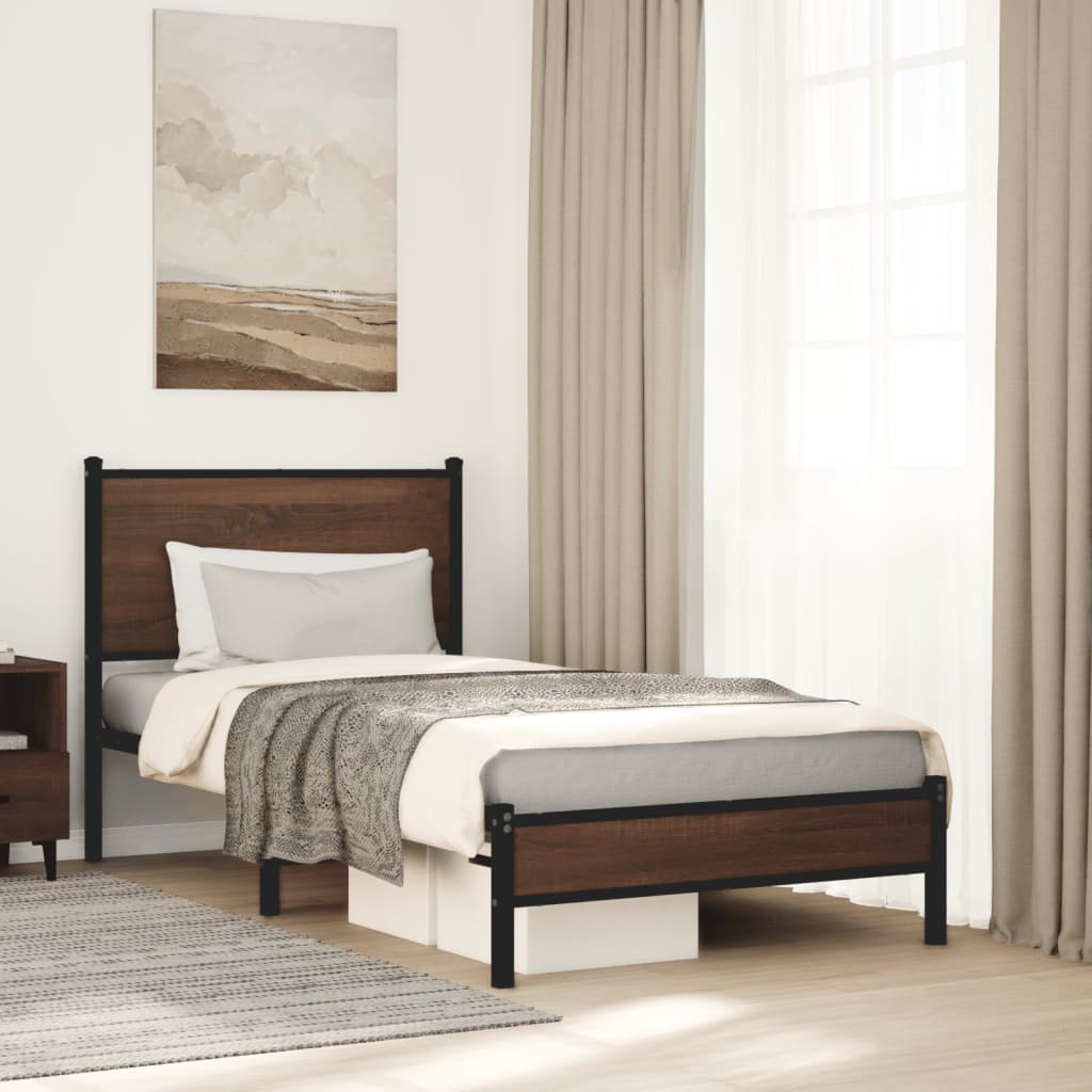 Metal Bed Frame without Mattress Brown Oak Effect 75 x 190 cm