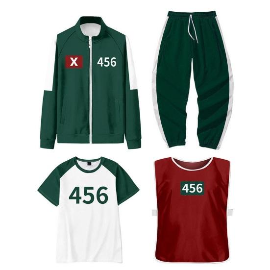 4 шт./компл. Костюм для косплея из сериала «Игра в кальмара», толстовка, куртка, брюки, футболка, жилет, комплект, куртка на молнии, брюки на шнурке, спортивный костюм для косплей-вечеринок, на каждый день