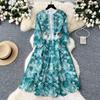 Autumn Vintage Lace Hollow Out Flower Print Dresses Women's Stand Collar Embroidery Elegant High Waist Slim Party Dress