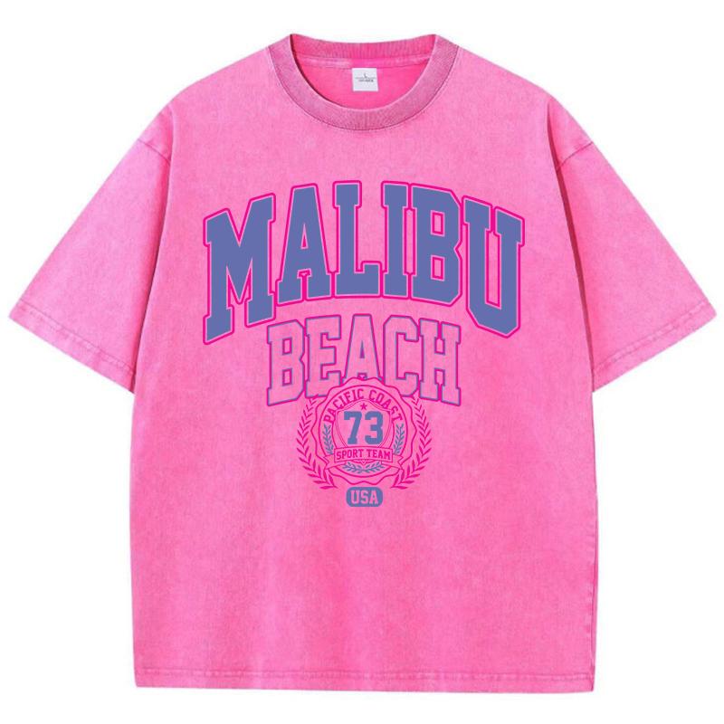 Vintage Woman Acid Wash T-Shirts Malibu Beach Pacific Coast Sport Team Prints Tops Crewneck Cotton Oversize Tees Clothes