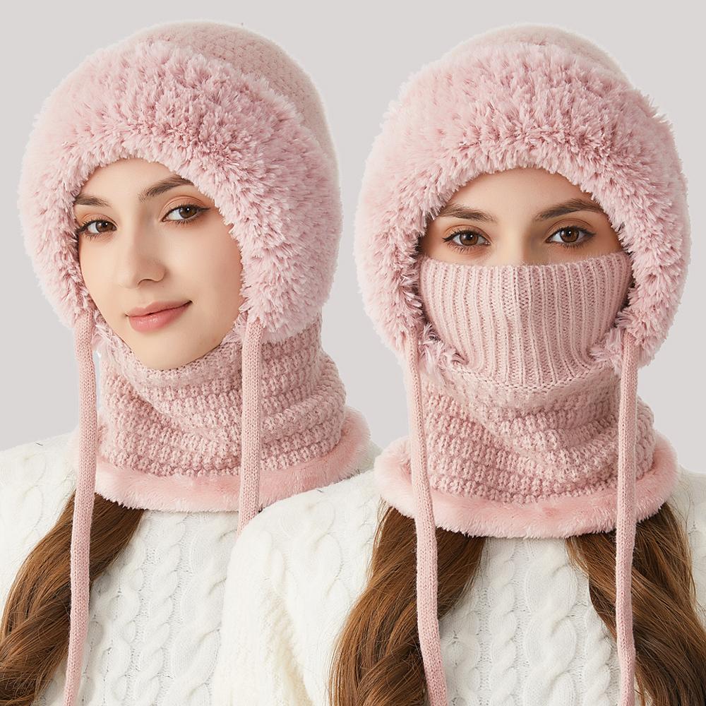 Hooded Siamese Cap Kit Wind-Resistant Balaclava Ski Hat Gift Winter Knitted Hat for Cold Weather