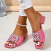 Fashion Women's Shoes 2024 High Quality Women's Slippers Solid Color Square Heel Open Toe Rhinestone Decorated Women's Slippers
