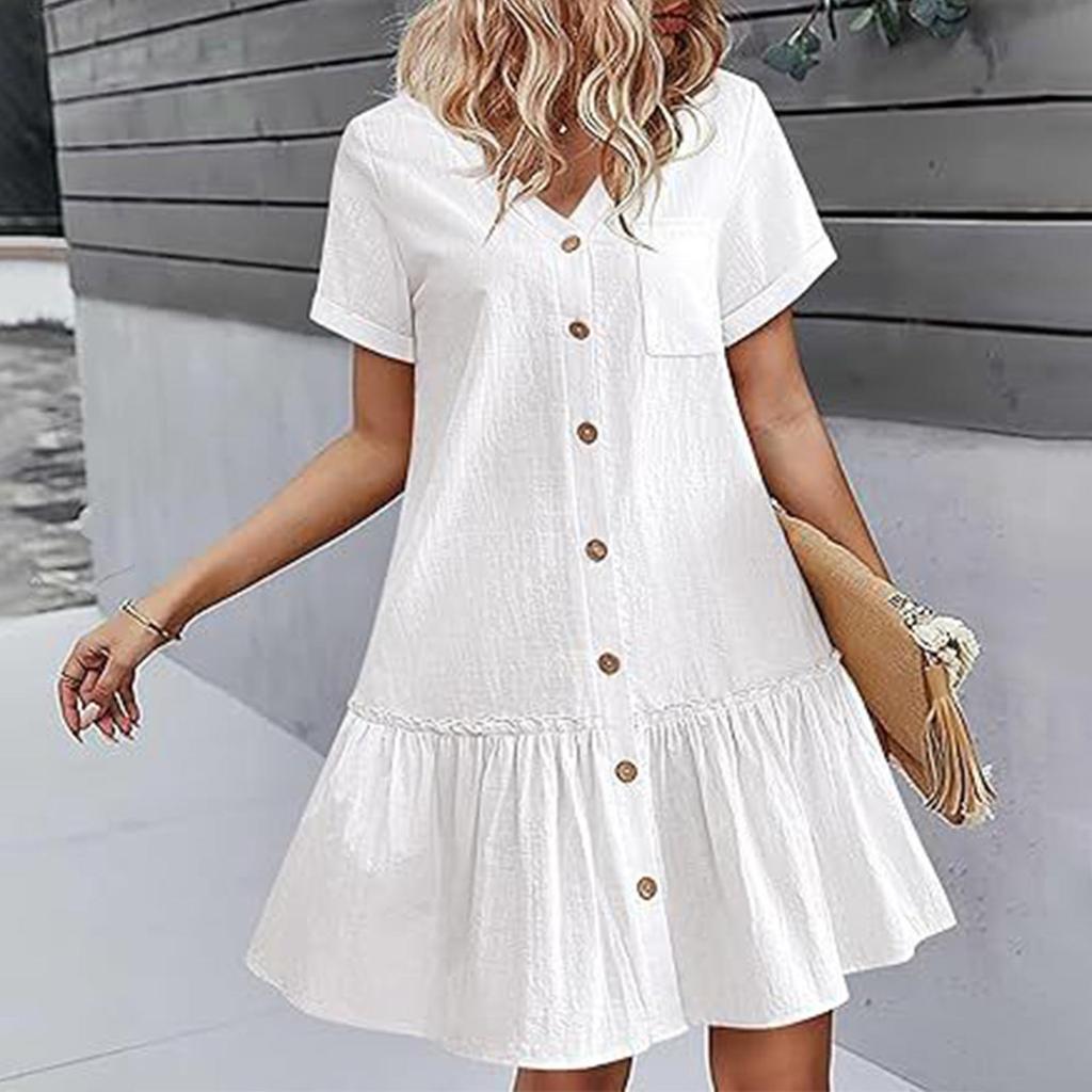 Женское повседневное однотонное свободное платье с v-образным вырезом и пуговицами с короткими рукавами и рюшами по подолу