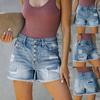 Женские повседневные джинсовые шорты со средней талией, эластичные джинсовые шорты с карманами и рваной бахромой