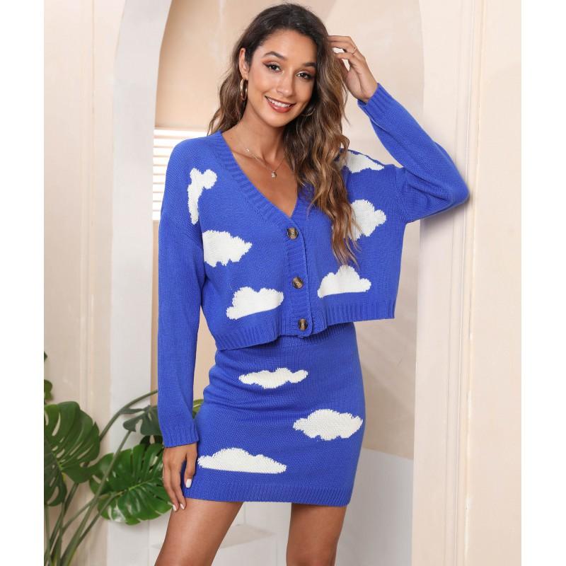 Womens 2-Piece Knit Set: V-Neck Button-Up Cardigan Bodycon Mini Skirt In Cloud Acrylic Sweet Chic Style