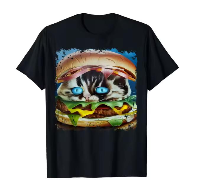 Women Blue Eyed Burger Cat T Shirt Artistic Cat Burger Print Short Sleeve O Neck Casual Tops Black Summer Streetwear Daily Wear