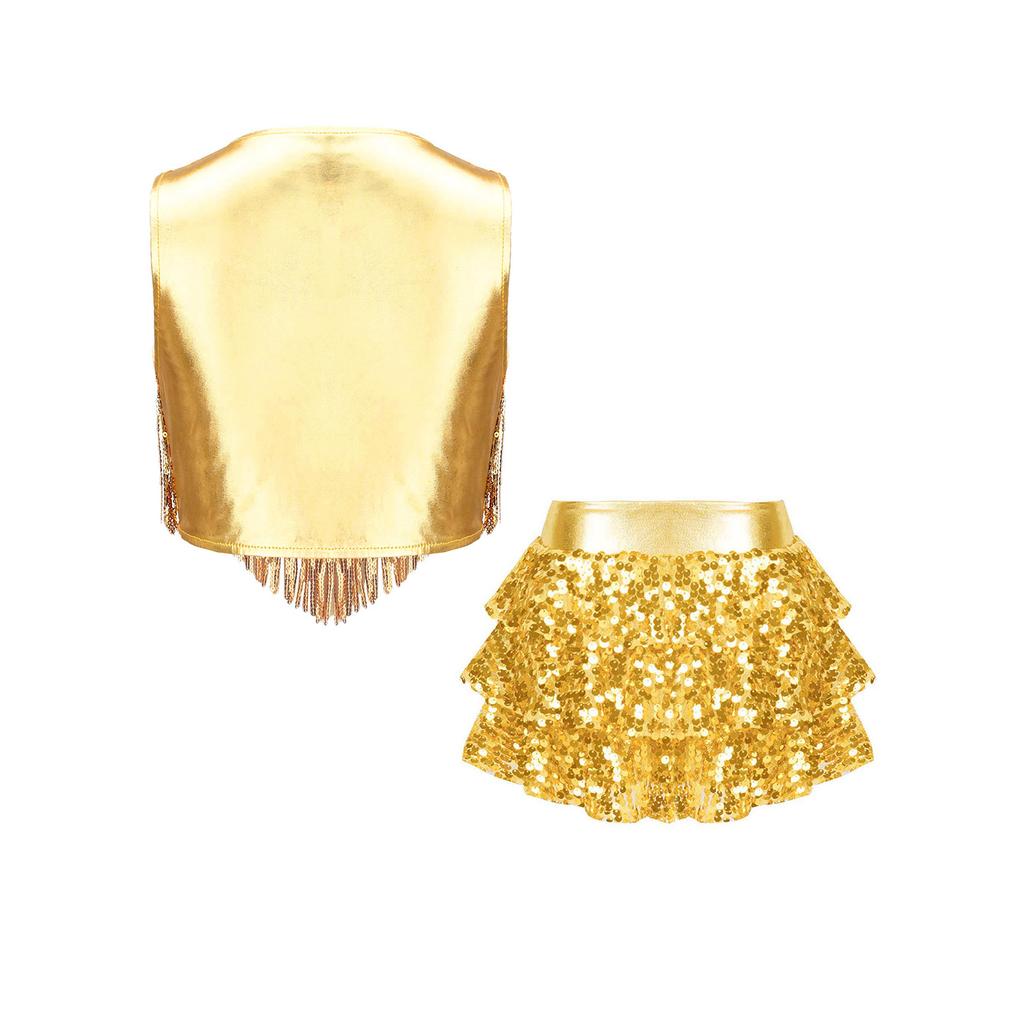 Complete 70s Disco Costume Set for Kids Girls: Shiny Metallic Top with Chest Tassels & Tiered Ruffle Shorts, 2-Piece Outfit