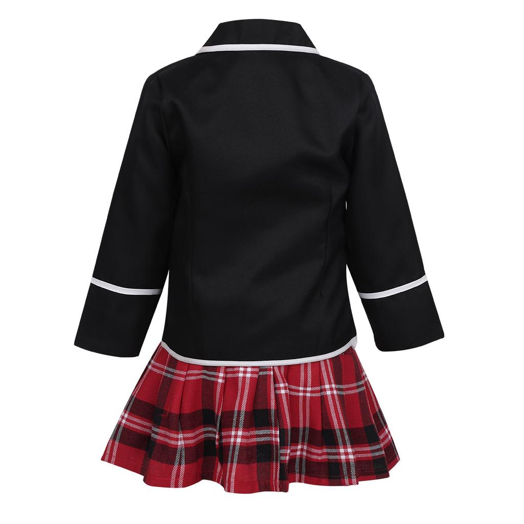Girls School Uniform Kids British Style Japanese Anime Outfit Long Sleeve Coat with Shirt Tie Mini Skirt 4PCS Set