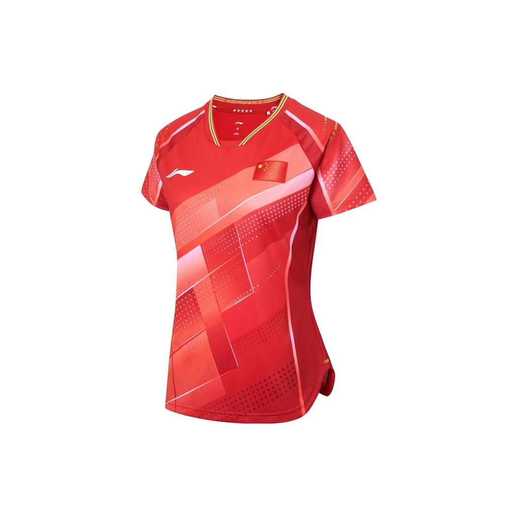 Li Ning Table Tennis Series Moisture Wicking Quick Dry Competition Short Sleeve T-Shirt Women Tops Cherry-Blossom-Red AAYT030-2