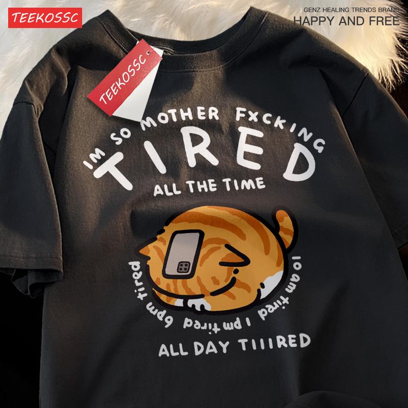 Уставшая голова обнимающая кошка Оригинальная футболка в японском стиле оверсайз для мужчин и женщин, оранжевая кошка, уставшая, с коротким рукавом, трендовые футболки из чистого хлопка для пар