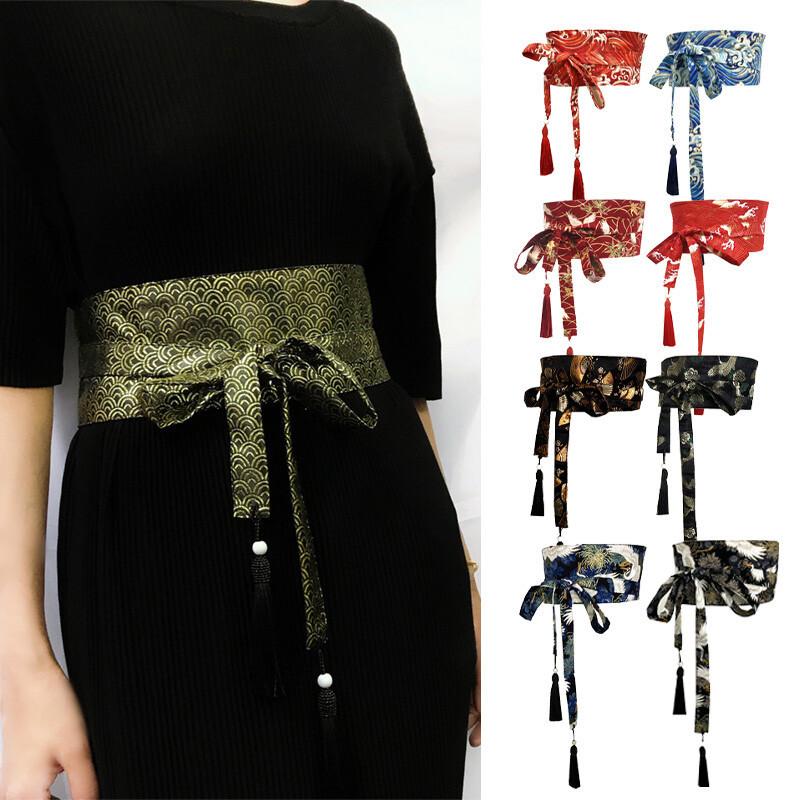 Japanese Retro Embroidered Wide Belt Women Japanese Floral Bronzing Kimono Obi Wide Belt Waistband Yukata Corset Waistband