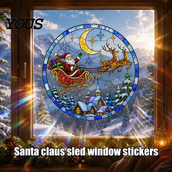 Christmas Home Window Decor Santa Sleigh Suncatcher Cling, Stained Glass Style Static Reusable Holiday Decorations Sticker, Rainbow Film Xmas for Shop