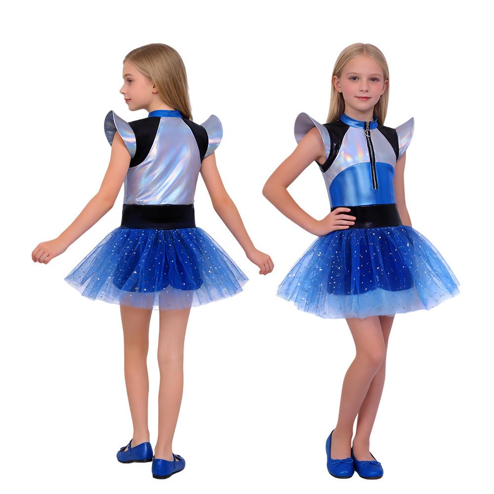 Kids' Futuristic Halloween Patchwork Dress with AI Color-Changing Flutter Sleeves