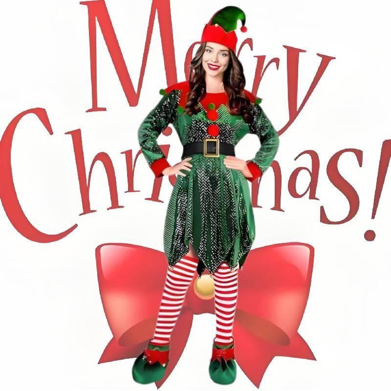 Восхитительный костюм эльфа для рождественской вечеринки для женщин с длинными рукавами и праздничным видом