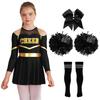 Kids Girls Cheer Leader Costume Halloween Cosplay Party Outfits Uniform Long Sleeve Dress with Pom Poms Hair Tie Socks