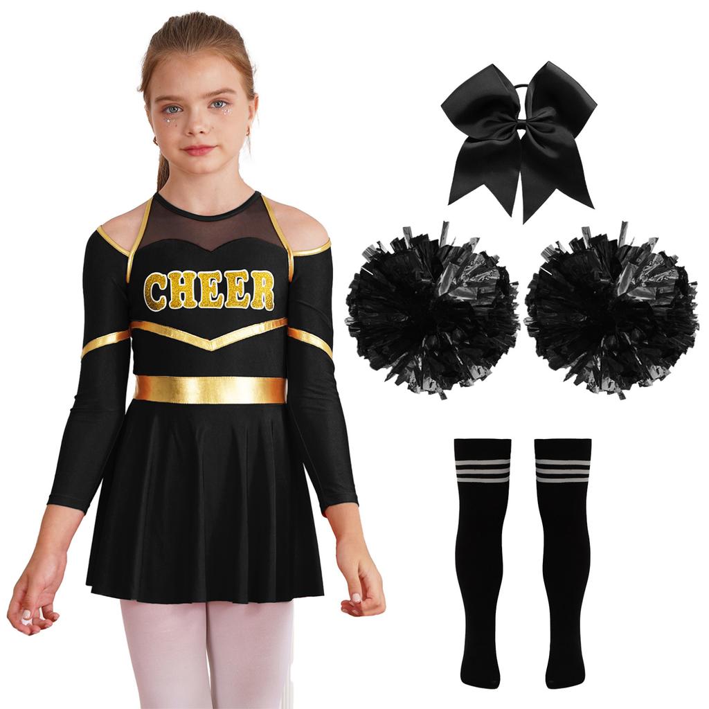 Kids Girls Cheer Leader Costume Halloween Cosplay Party Outfits Uniform Long Sleeve Dress with Pom Poms Hair Tie Socks