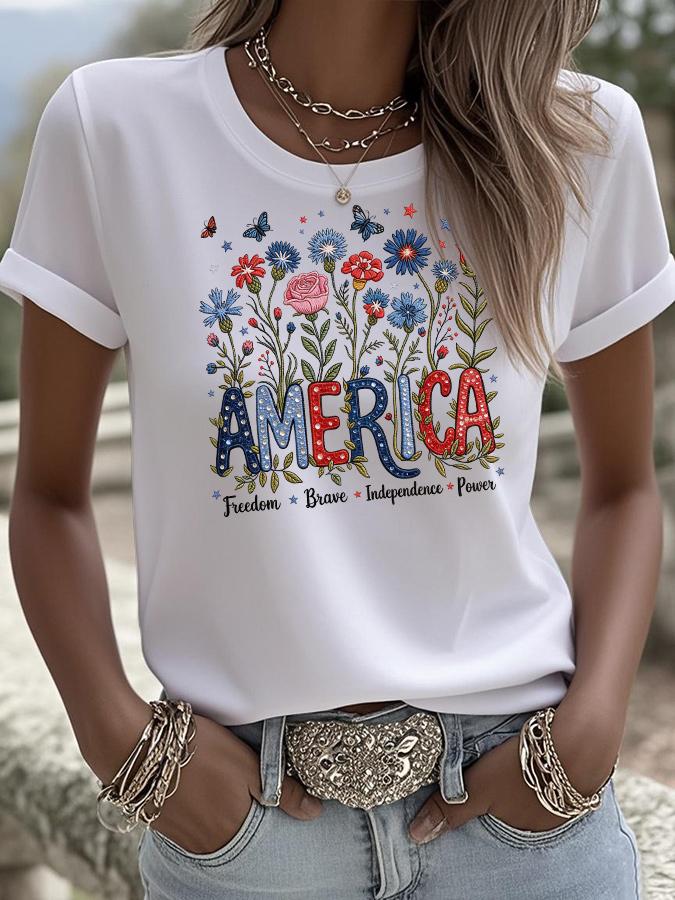 250 Years of Freedom 1776 Festival flower Womens Print TShirts Summer O Neck Tops Short Sleeve Casual Tees Us Flag