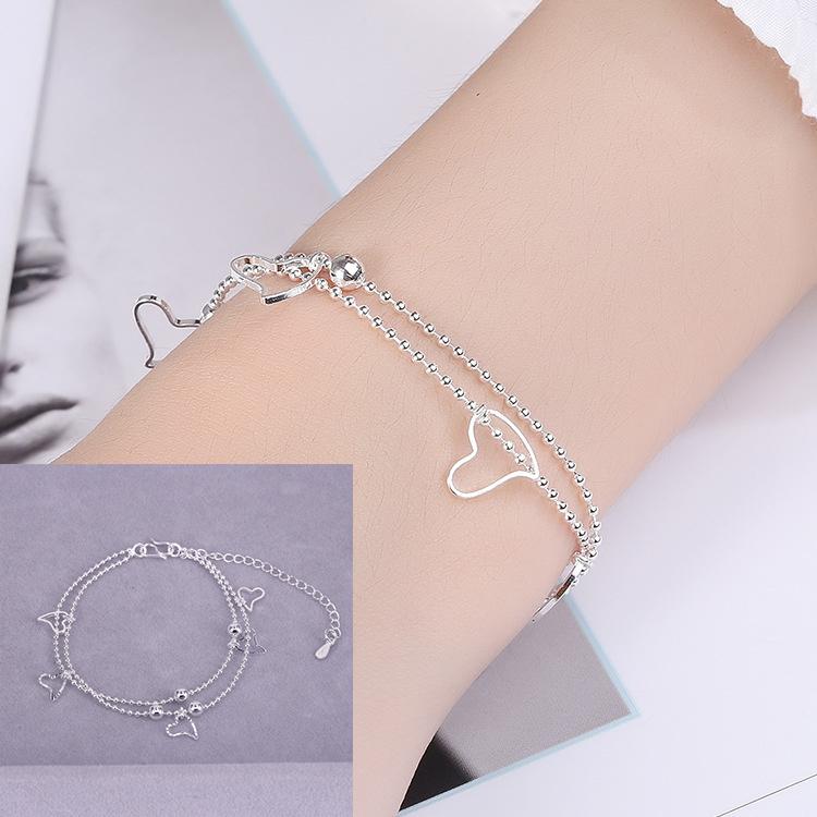 925 Sterling Silver Double Love Heart Hollow Round Beads Bracelet Female Fashion Romantic Jewelry Classic