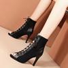 Модные босоножки на каблуках со шнуровкой 9 см женская обувь лето 2024 тренд черные сексуальные ботинки с открытым носком модные тканевые туфли на шпильке джазовые танцевальные женские