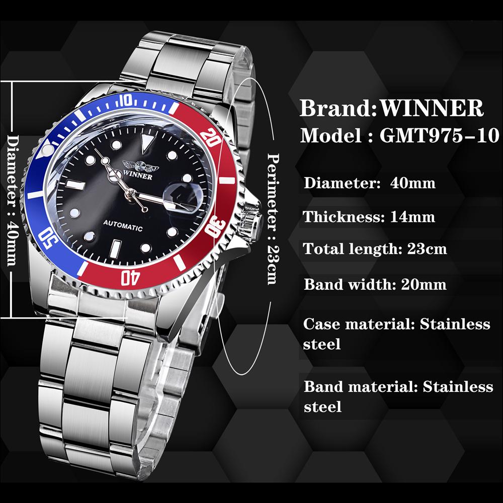 WINNER Top Men's Watch Automatic Mechanical Ribbon Calendar Water Ghost Series Watch Silver Stainless Steel Waterproof Luminous