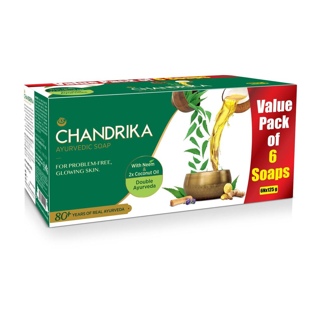 Chandrika Ayurvedic Classic Handmade Soap For Naturally Radiant Skin | Herbal Bath Bar With Coconut & Sandalwood Oils | (125g X 6N) Pack of 1