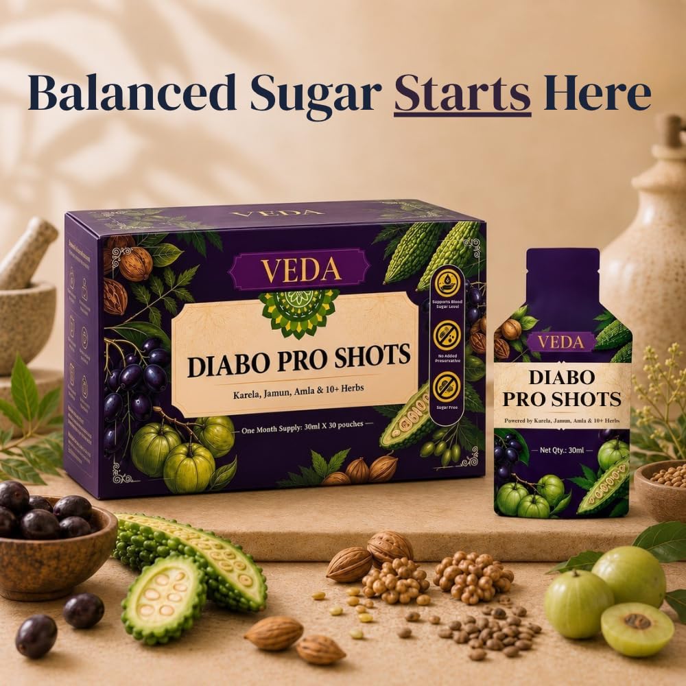 Veda Diabo Pro Shots – Аюрведическая поддержка метаболизма сахара с Карелой, Джамуном, Амлой и 14 травами | Предварительно смешанные, Без консервантов | Жидкие S для однократного приема