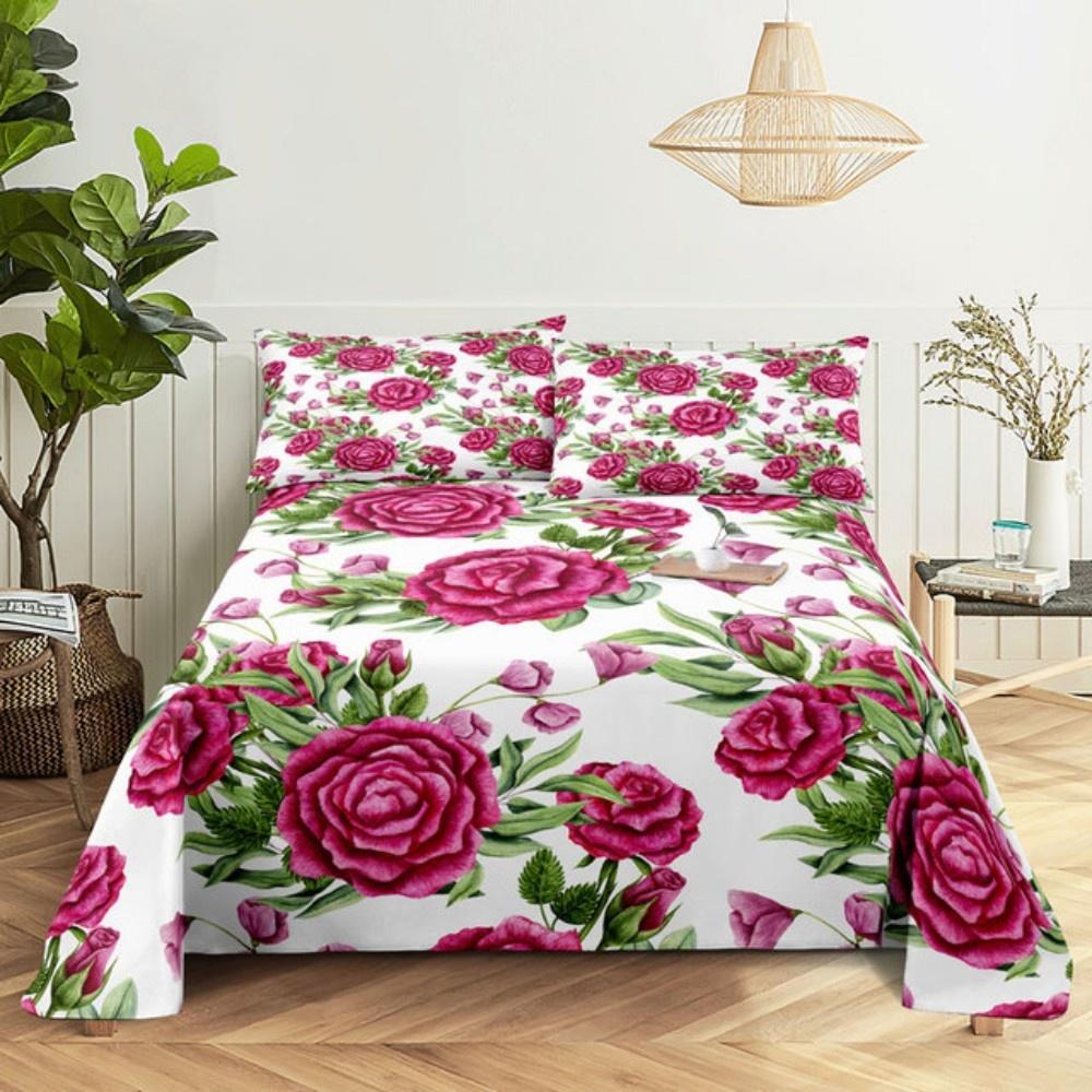 Pink Rose Bed Sheet Sets 3D Print Flowers Flat Soft Cover For Women Kids Girls King Queen Full Twin Size Linen Room Decor