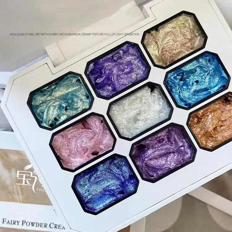 9-секционная палитра твердых пигментов для нейл-арта, декор, акварельный маникюр, металлическая краска, хром, блестящий порошок, цветы, ногти, волшебная сила