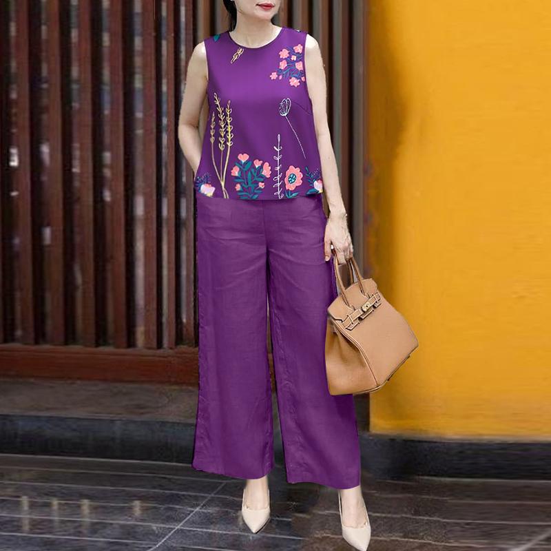 ZANZEA Женский летний костюм-двойка: жилет без рукавов с принтом и брюки