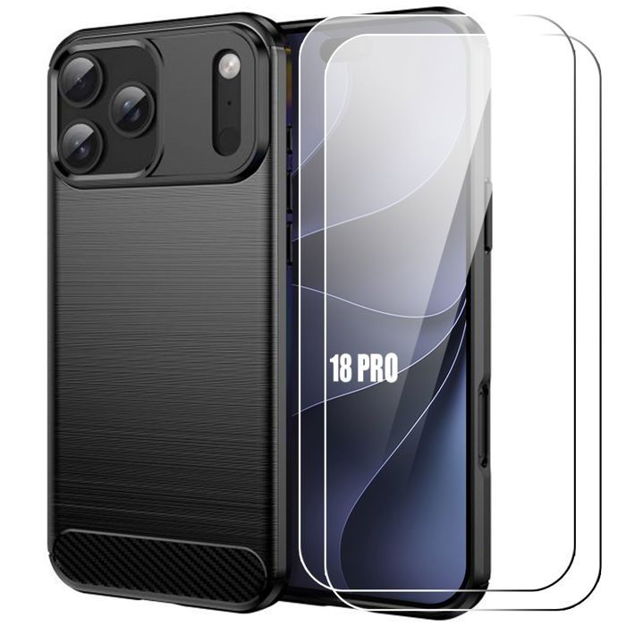 Coque pour iPhone 18 Pro, Silicone Noir Elégant Anti-Rayures Effet Fibre Carbone - 2 Verres Trempés