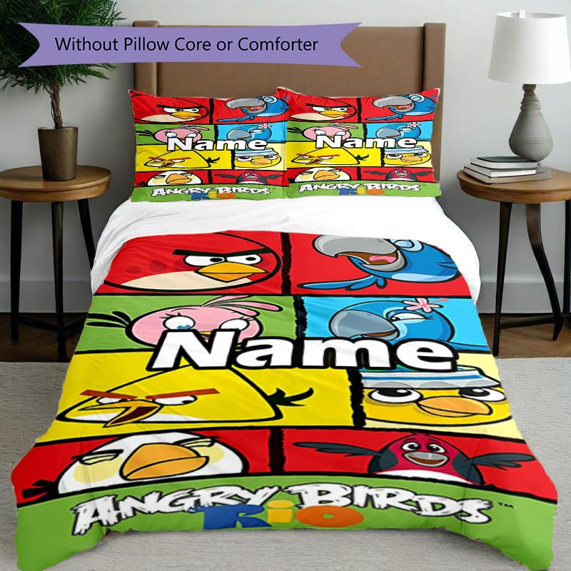 3pcs Duvet Cover Set (1*Duvet Cover + 2*Pillowcase, Without Core), Custom Name Angry Birds Pattern Bedding Set, Home Bedroom Decor Gift
