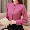Spring Women Chiffon Blouse Shirt Elegant Beading Office Blouse Plus Size Casual Solid Stand Long Sleeve Tops