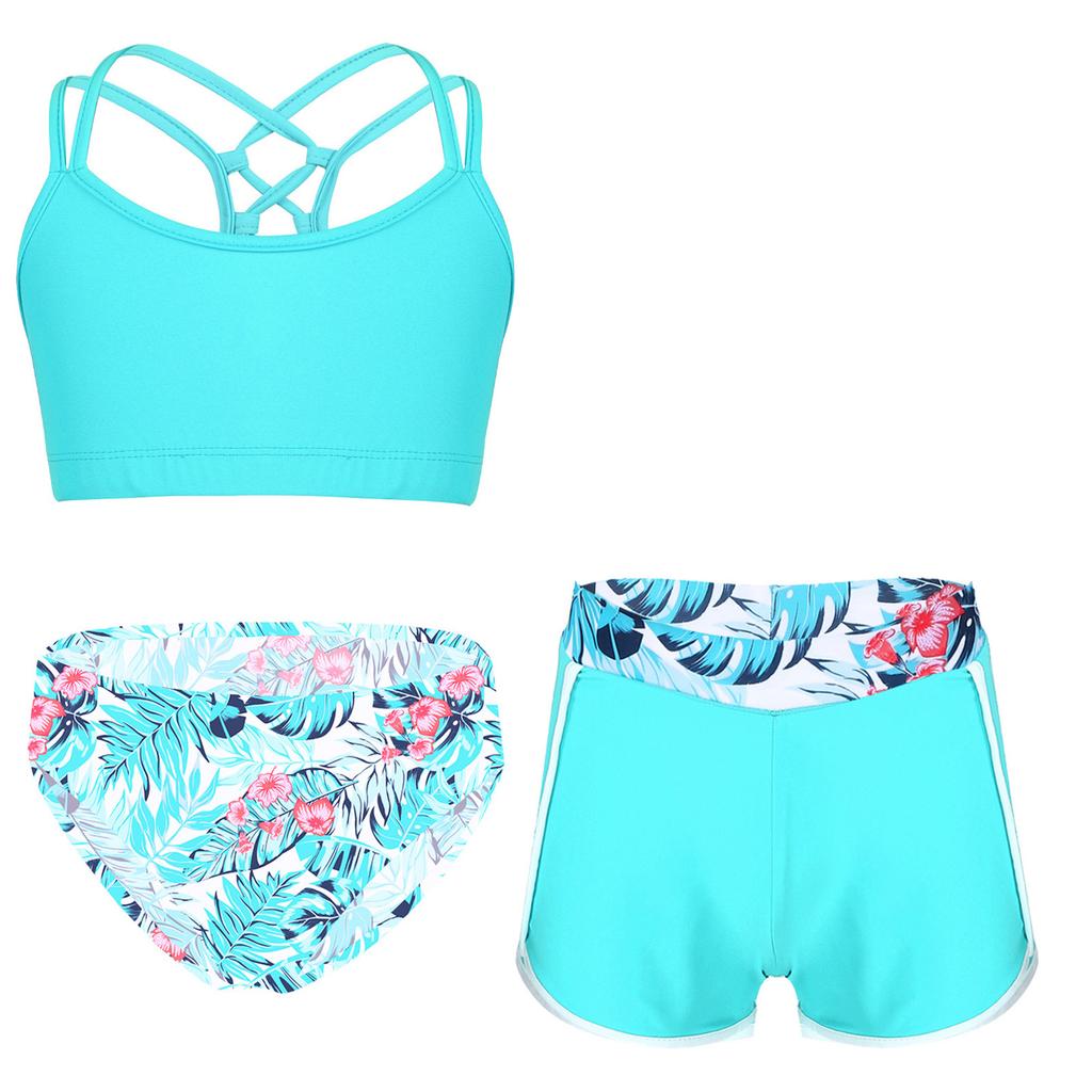 Girls 2 Piece Swim Set Strappy Back Crop Top Elastic Briefs Swim Shorts Beach Pool Sun Outfit