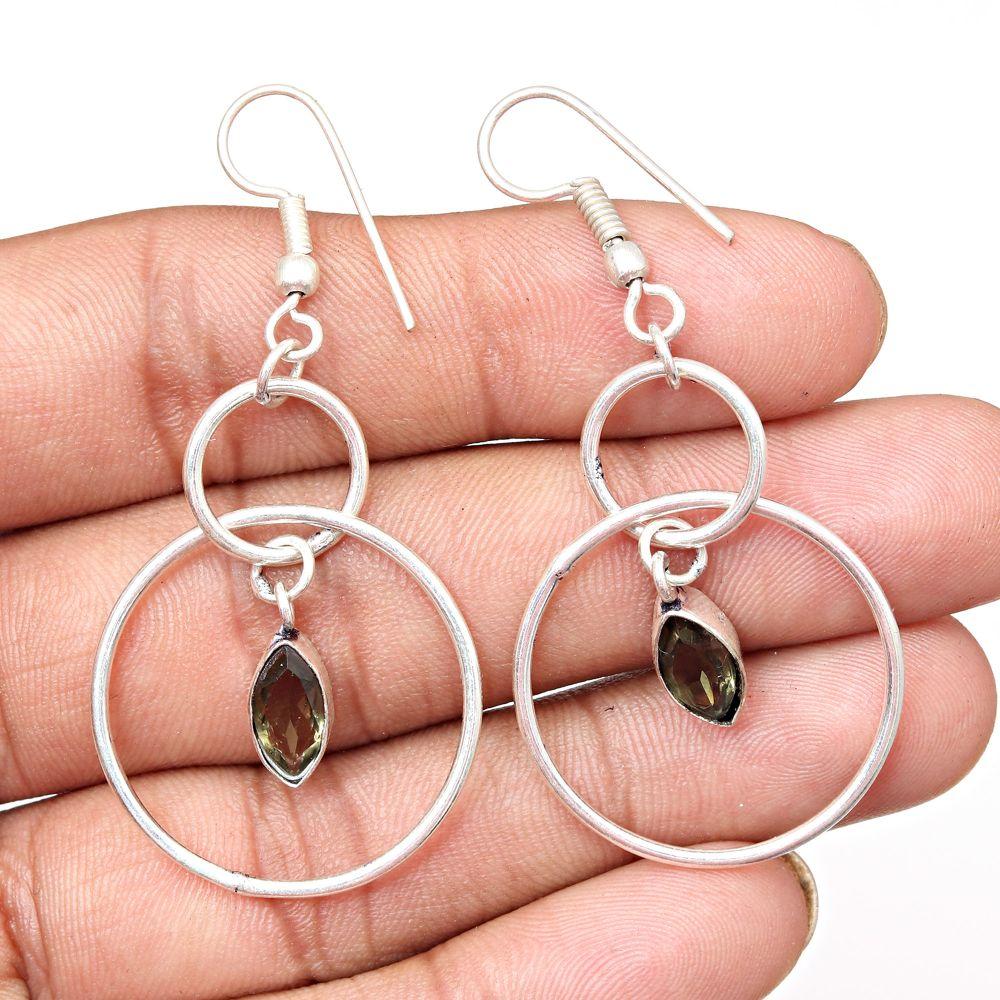 Smoky Quartz Gemstone Handmade Silver Jewelry Earrings 1.5''