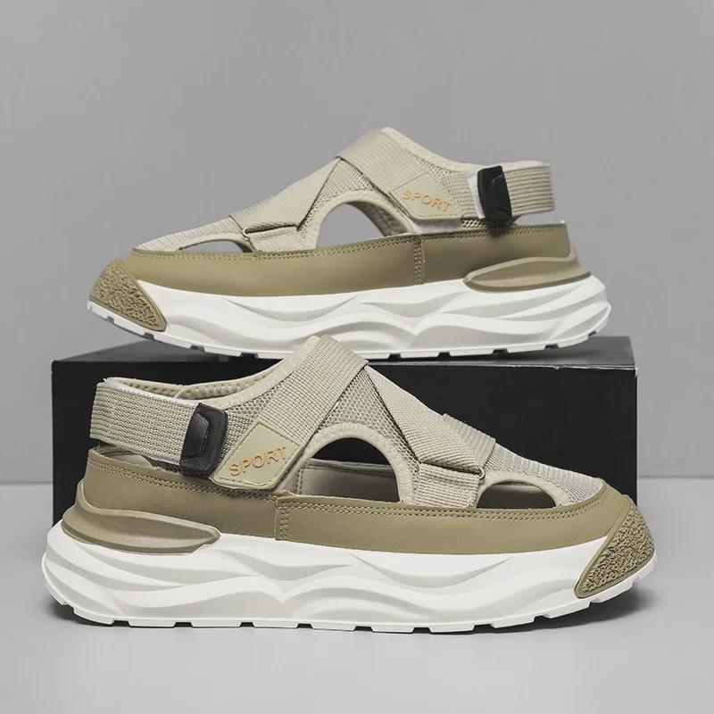 Мужские дышащие летние модные сандалии с ремешками на липучках - повседневные пляжные тапочки