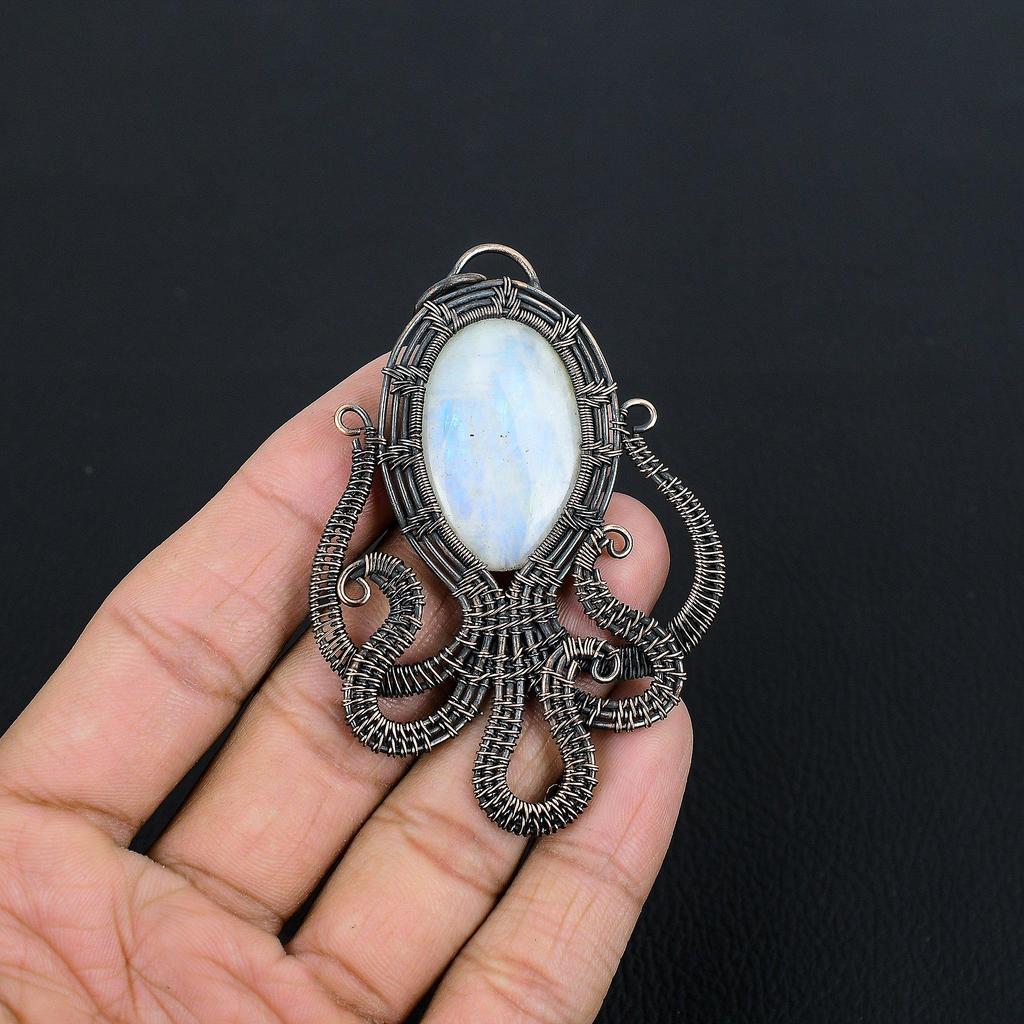 Кулон из лунного камня, обернутый медной проволокой 999 пробы, кулон из драгоценного камня ручной работы, подарок для мамы, антикварное украшение