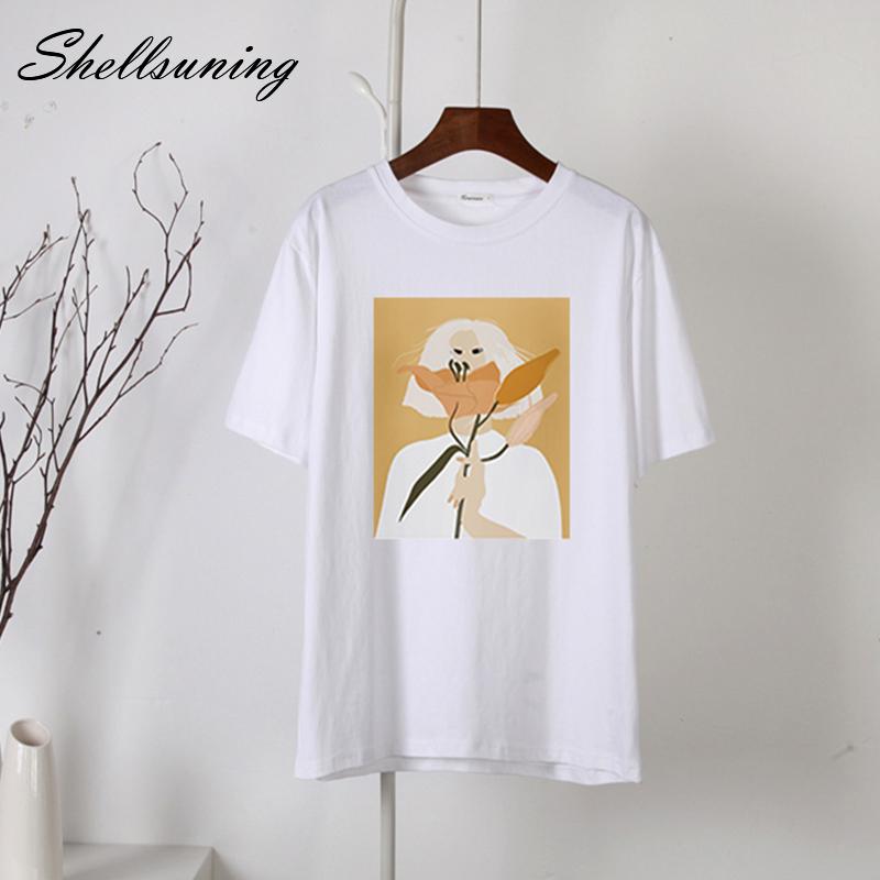 Shellsuning летние повседневные хлопковые футболки с короткими рукавами женские модные свободные футболки с рисунком женские простые шикарные топы с художественными персонажами
