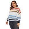 Women's Large Size Autumn and Winter Striped Clashing Colour Splicing Casual Pullover Sweater