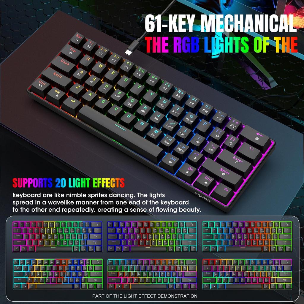 V900 61-клавишная мини-механическая клавиатура, синие переключатели, RGB-подсветка, портативная для игр
