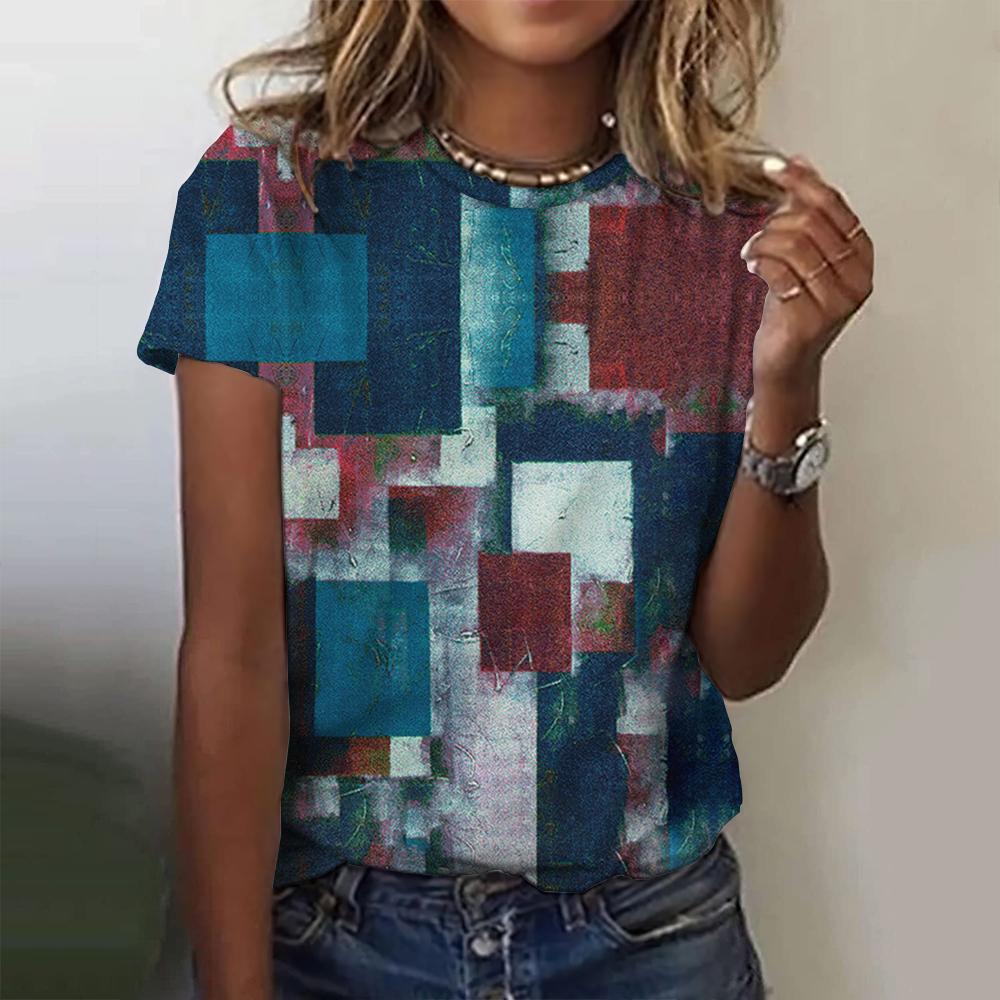 Ретро женская футболка с принтом в клетку, одежда в стиле пэчворк, блузка с коротким рукавом и круглым вырезом, женские топы большого размера, женская рубашка в стиле Харадзюку